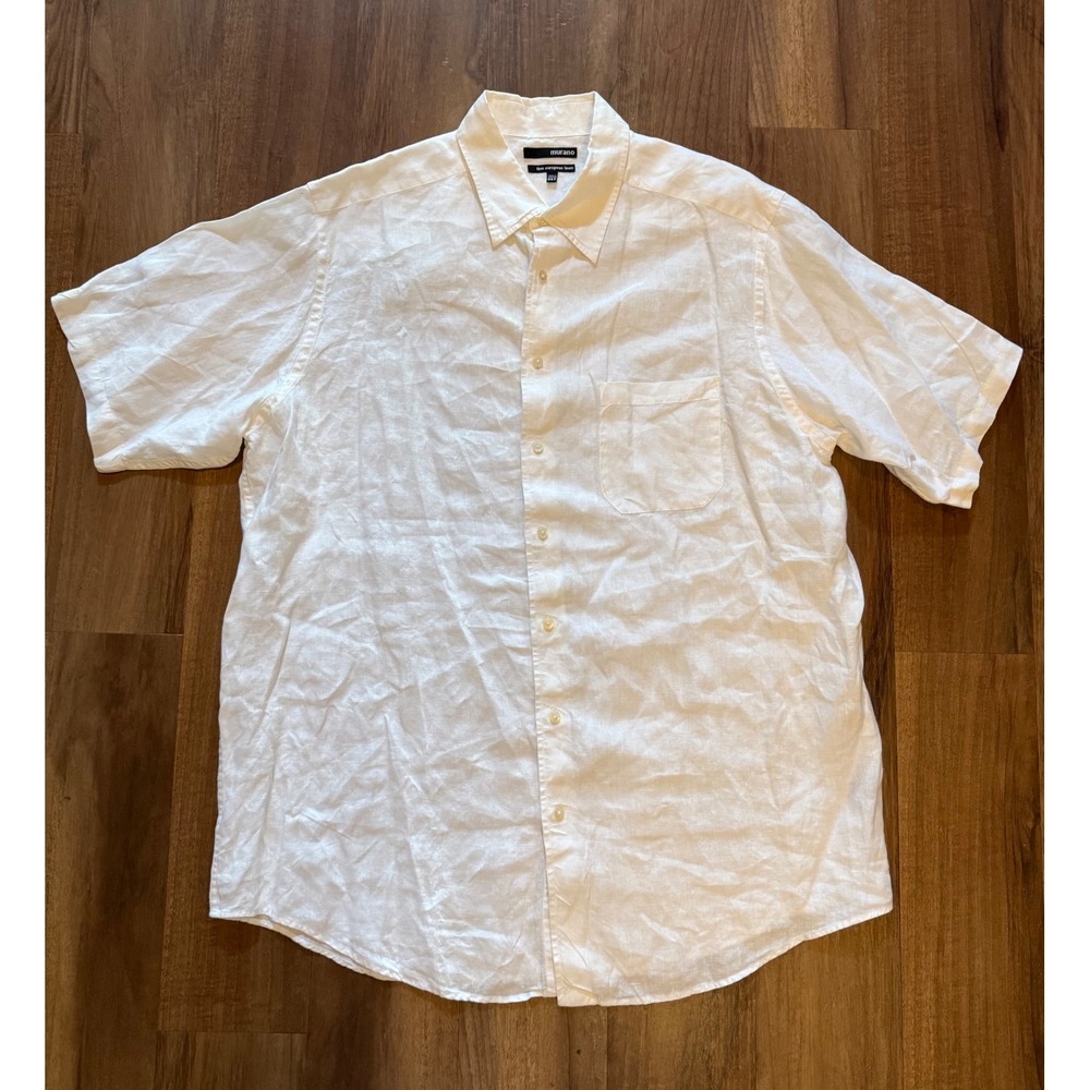 Murano Mens 2XT White 100% Fine European Linen Short Sleeve Button Down Shirt